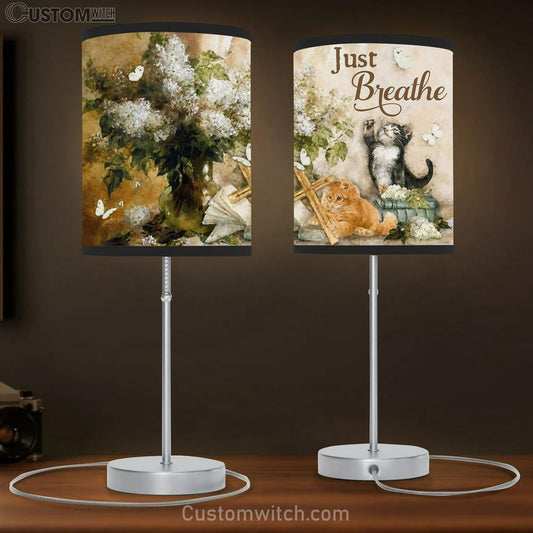Just Breathe Flower Cat Cross Butterfly Large Table Lamb - Christian Table Lamb Prints - Religious Table Lamb Art