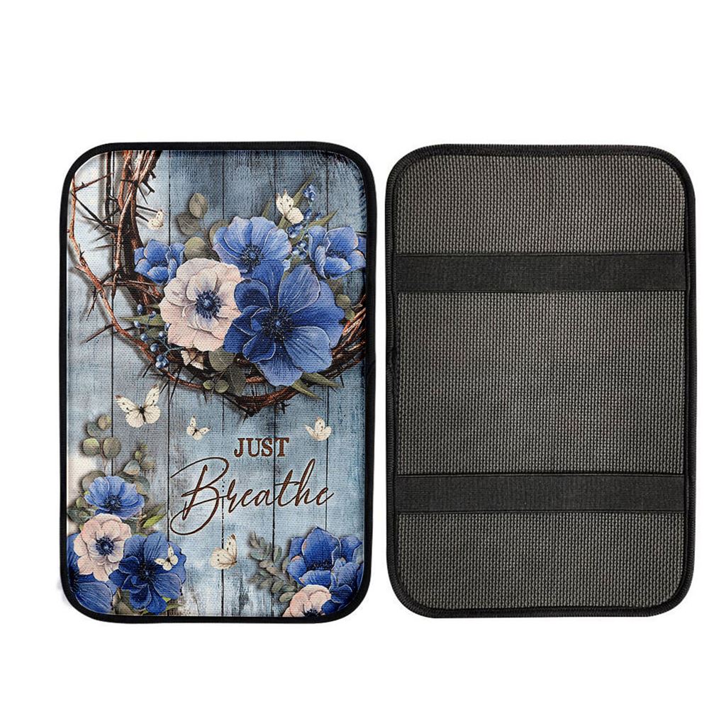 Just Breathe Flower Crown Of Thorns White Butterfly Car Center Console Cover, Religious Car Interior Accessories