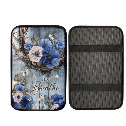 Just Breathe Flower Crown Of Thorns White Butterfly Car Center Console Cover, Religious Car Interior Accessories
