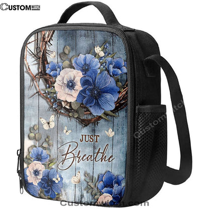 Just Breathe Flower Crown Of Thorns White Butterfly Lunch Bag, Christian Lunch Box For School, Picnic