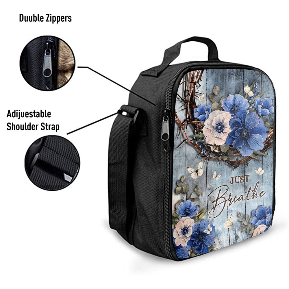 Just Breathe Flower Crown Of Thorns White Butterfly Lunch Bag, Christian Lunch Box For School, Picnic
