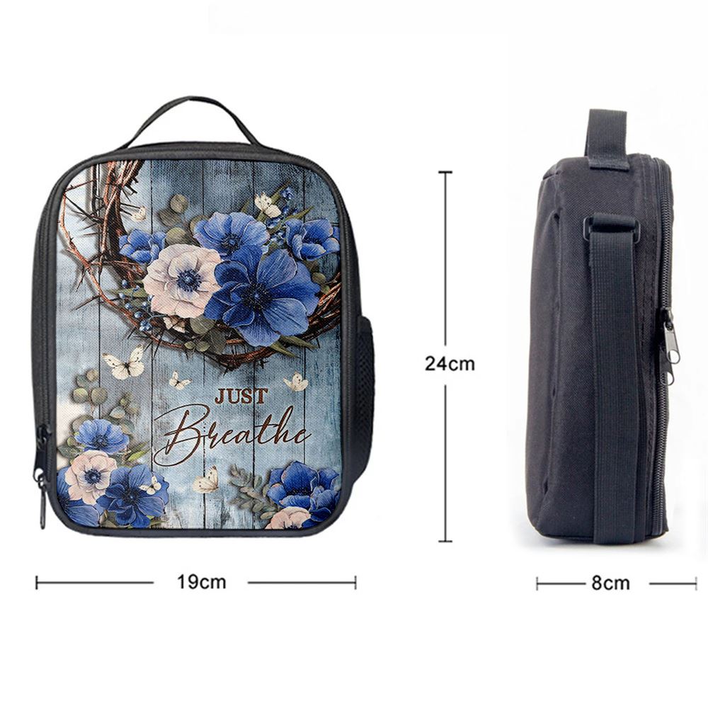 Just Breathe Flower Crown Of Thorns White Butterfly Lunch Bag, Christian Lunch Box For School, Picnic