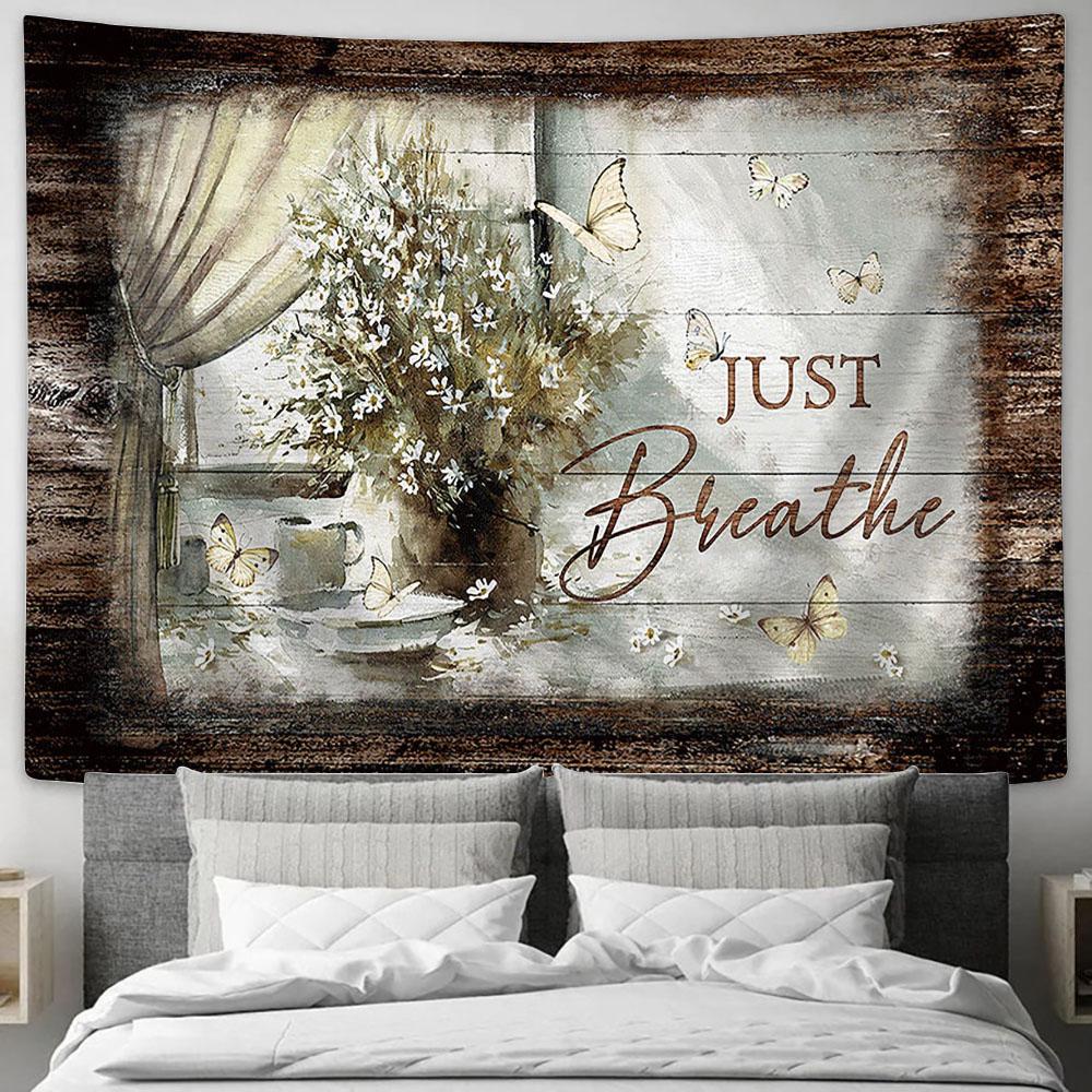Just Breathe Flower Flower Vase Tapestry Wall Art - Bible Verse Tapestry - Religious Tapestry Wall Hanging