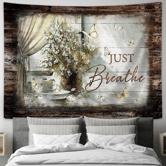 Just Breathe Flower Flower Vase Tapestry Wall Art - Bible Verse Tapestry - Religious Tapestry Wall Hanging