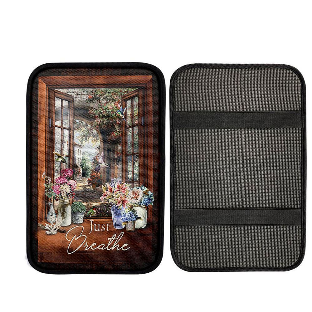 Just Breathe Flower Garden Hummingbird Car Armrest Pad, Religious Car Interior Accessories