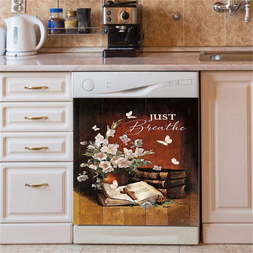 Just Breathe Flower Garden Hummingbird Dishwasher Cover, Christian Dishwasher Wrap, Religious Kitchen Decoration