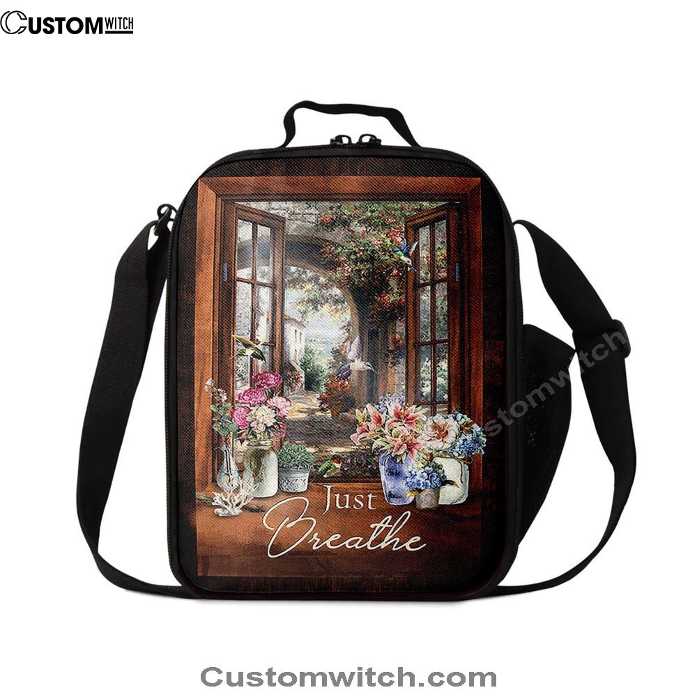 Just Breathe Flower Garden Hummingbird Lunch Bag, Christian Lunch Box For School, Picnic