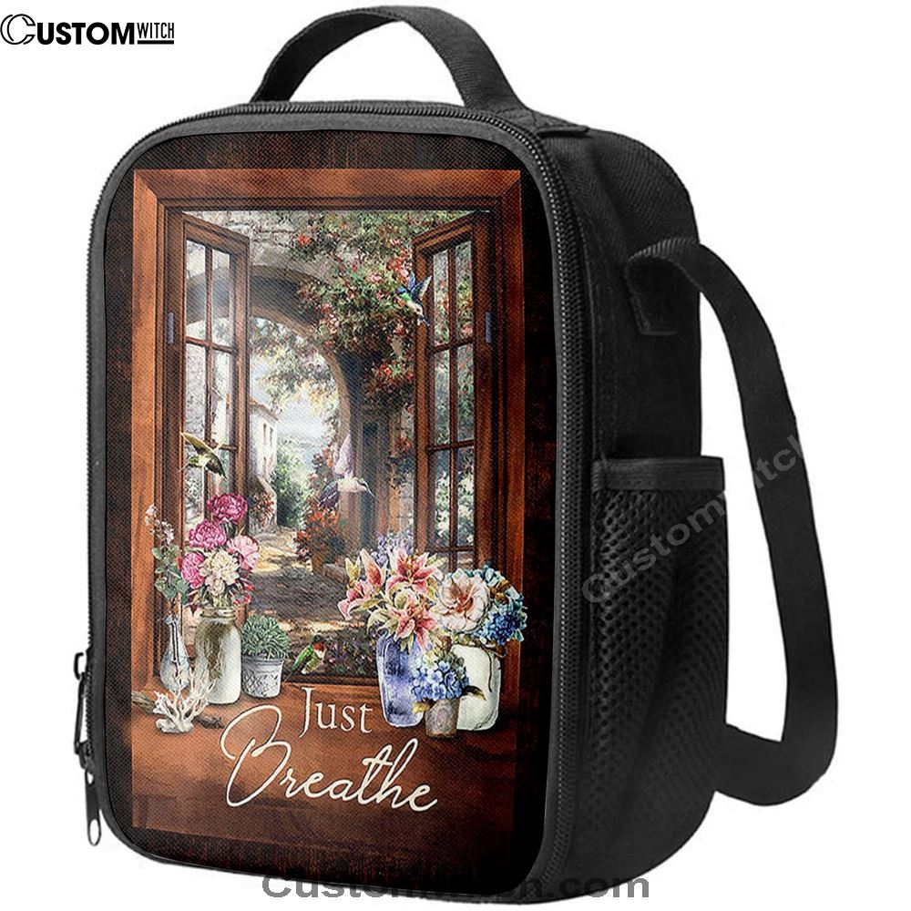 Just Breathe Flower Garden Hummingbird Lunch Bag, Christian Lunch Box For School, Picnic