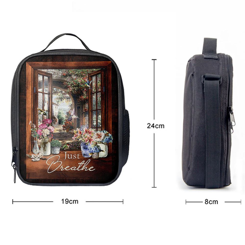 Just Breathe Flower Garden Hummingbird Lunch Bag, Christian Lunch Box For School, Picnic