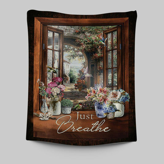 Just Breathe Flower Garden Hummingbird Tapestry - Christian Wall Art - Religious Home Decor