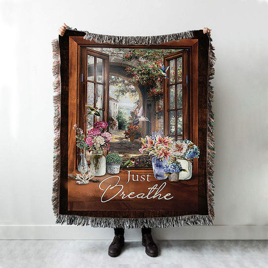 Just Breathe Flower Garden Hummingbird Woven Blanket - Christian Throw Blanket - Religious Home Decor