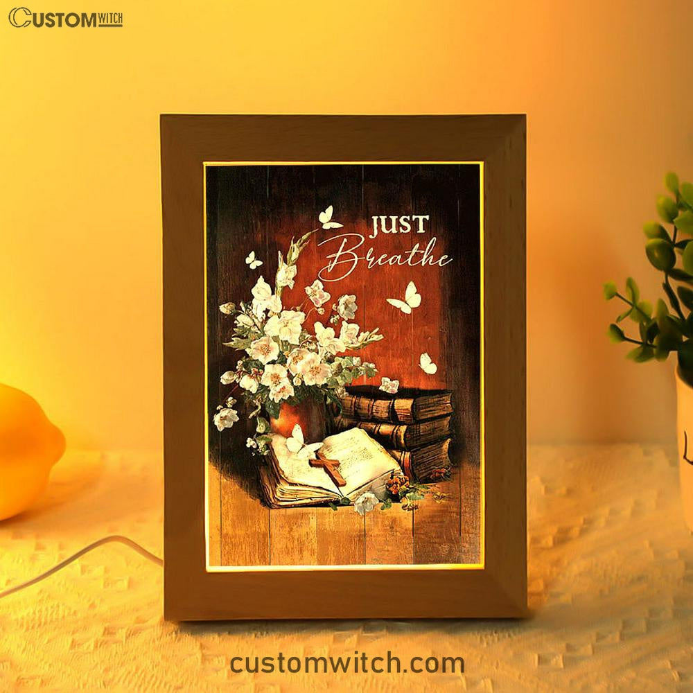 Just Breathe Flower Vase Butterfly Books Wooden Cross Art Frame Lamp - Bible Verse Wooden Lamp - Christian Art Home Decor