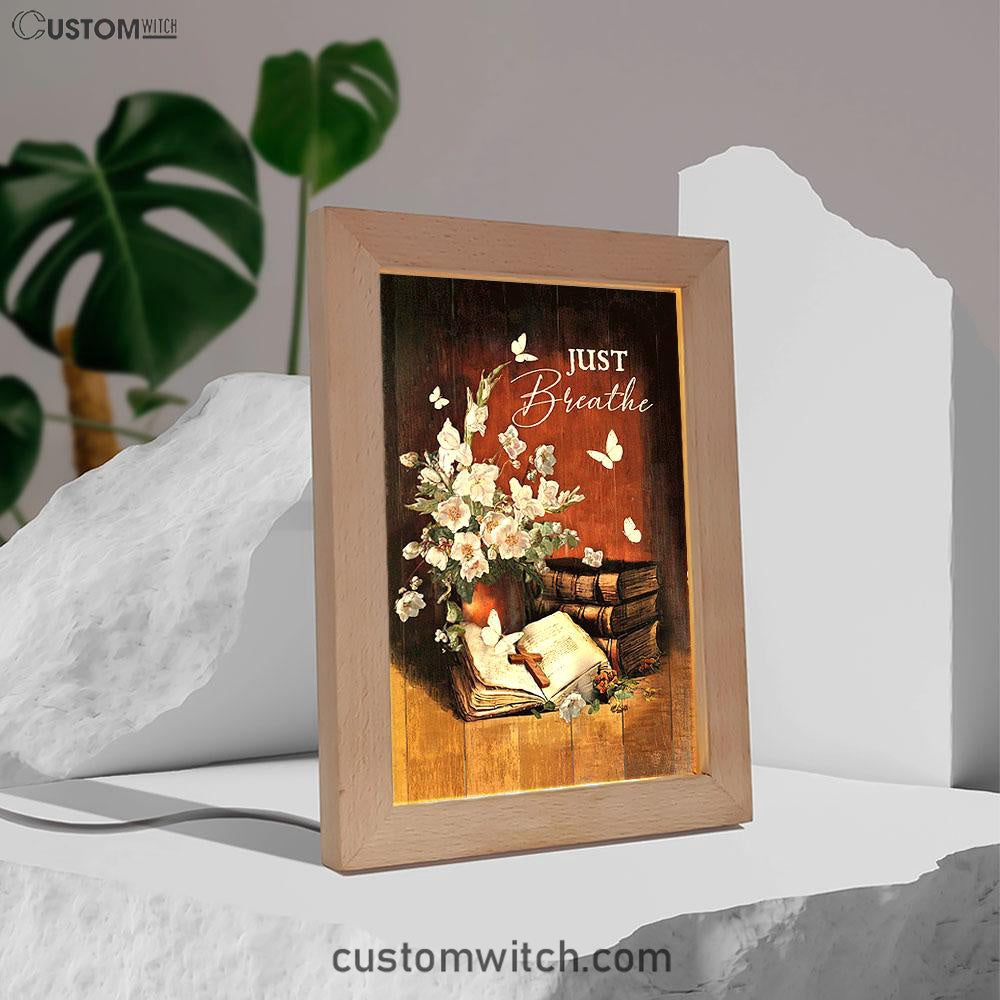 Just Breathe Flower Vase Butterfly Books Wooden Cross Art Frame Lamp - Bible Verse Wooden Lamp - Christian Art Home Decor
