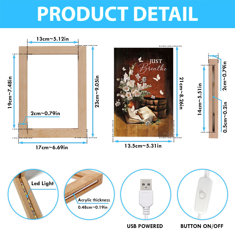 Just Breathe Flower Vase Butterfly Books Wooden Cross Art Frame Lamp - Bible Verse Wooden Lamp - Christian Art Home Decor