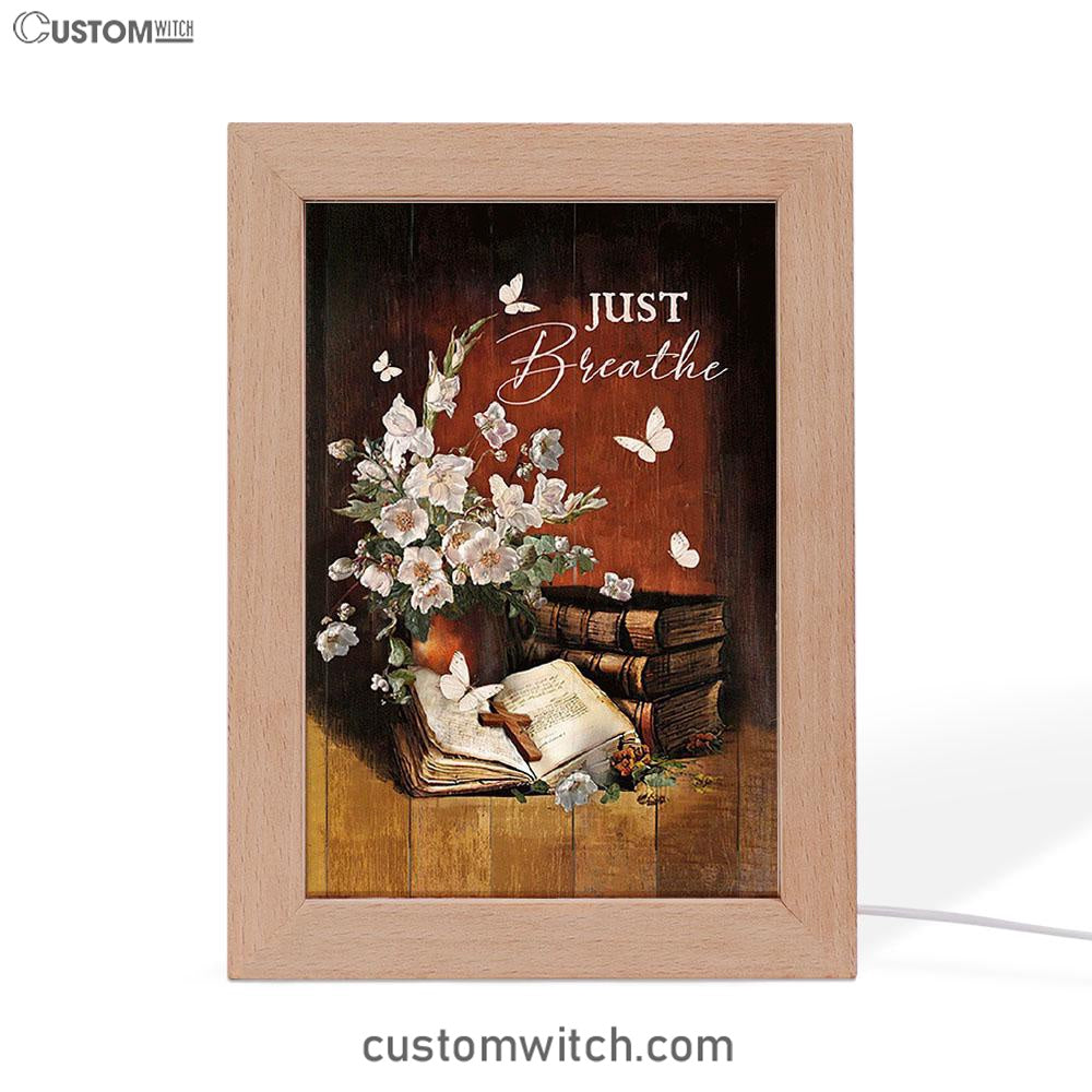 Just Breathe Flower Vase Butterfly Books Wooden Cross Art Frame Lamp - Bible Verse Wooden Lamp - Christian Art Home Decor