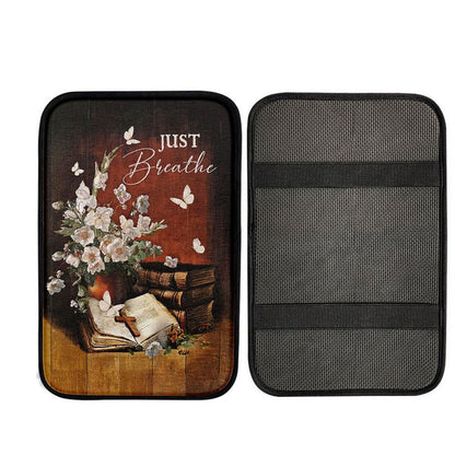 Just Breathe Flower Vase Butterfly Books Wooden Cross Car Center Console Cover, Religious Car Interior Accessories