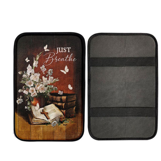 Just Breathe Flower Vase Butterfly Books Wooden Cross Car Center Console Cover, Religious Car Interior Accessories