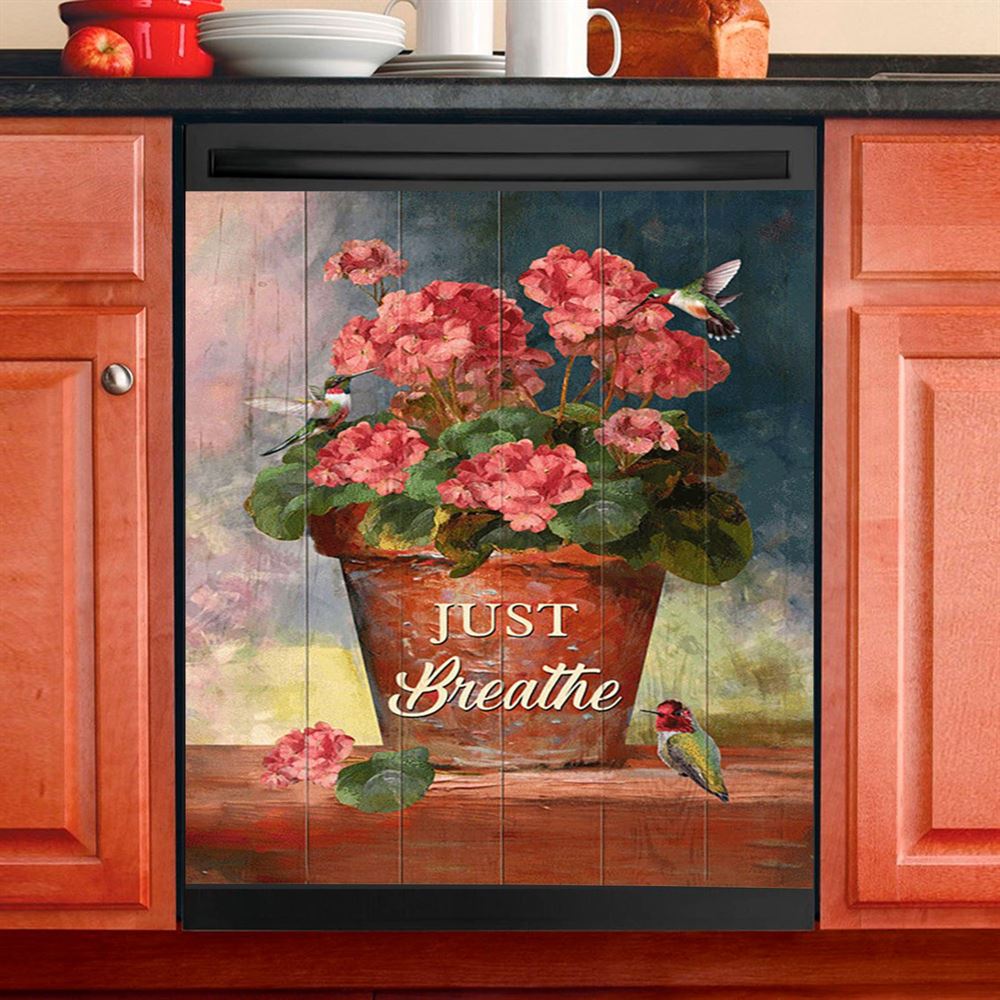 Just Breathe Flower Vase Butterfly Books Wooden Cross Dishwasher Cover, Bible Verse Dishwasher Wrap, Christian Kitchen Decoration