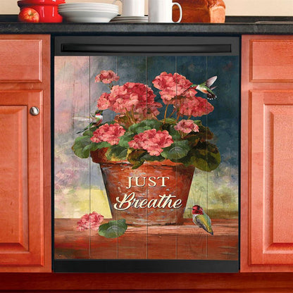 Just Breathe Flower Vase Butterfly Books Wooden Cross Dishwasher Cover, Bible Verse Dishwasher Wrap, Christian Kitchen Decoration