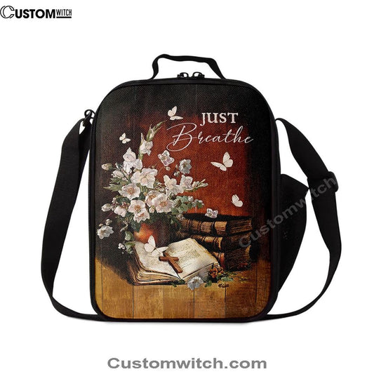 Just Breathe Flower Vase Butterfly Books Wooden Cross Lunch Bag, Christian Lunch Box For School, Picnic