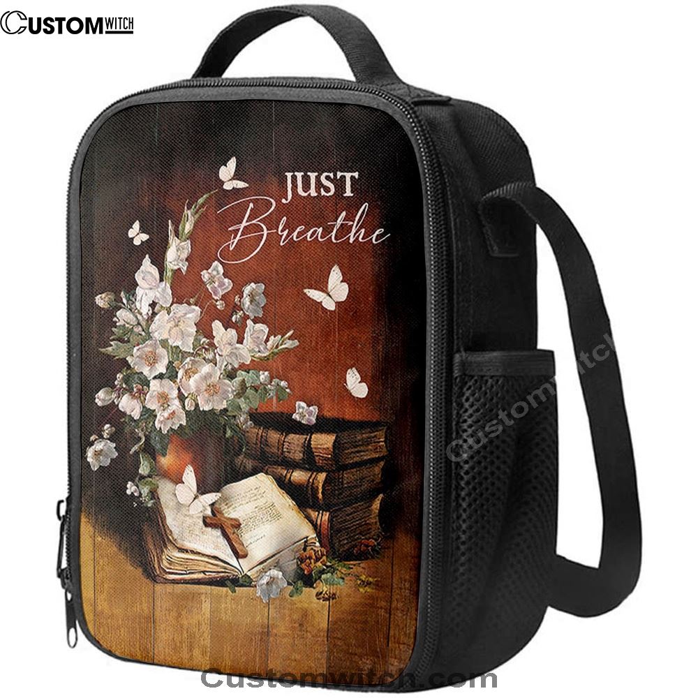 Just Breathe Flower Vase Butterfly Books Wooden Cross Lunch Bag, Christian Lunch Box For School, Picnic