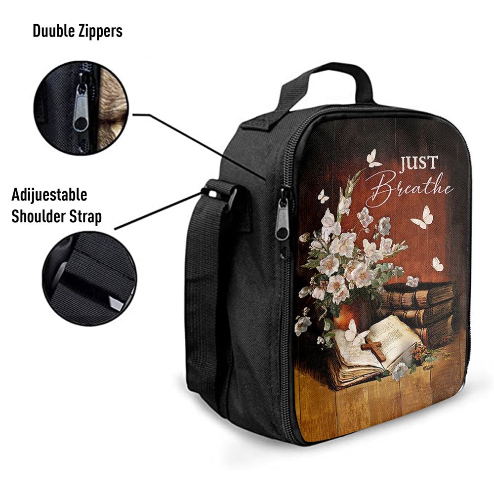 Just Breathe Flower Vase Butterfly Books Wooden Cross Lunch Bag, Christian Lunch Box For School, Picnic