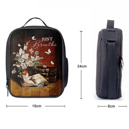 Just Breathe Flower Vase Butterfly Books Wooden Cross Lunch Bag, Christian Lunch Box For School, Picnic