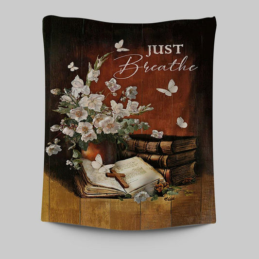 Just Breathe Flower Vase Butterfly Books Wooden Cross Wall Art Tapestry - Bible Verse Tapestry Art - Christian Wall Art Home Decor