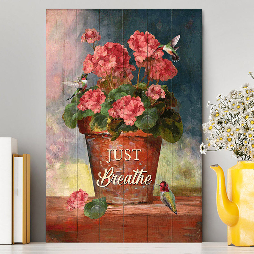 Just Breathe Flowerpot Hummingbird Canvas Wall Art - Bible Verse Canvas Art - Inspirational Art - Christian Home Decor