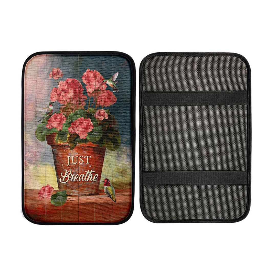 Just Breathe Flowerpot Hummingbird Car Center Console Cover, Religious Car Interior Accessories