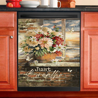 Just Breathe Flowerpot Hummingbird Dishwasher Cover, Bible Verse Dishwasher Wrap, Inspirational Kitchen Decoration