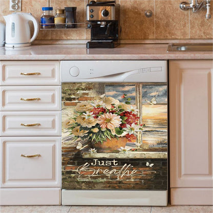 Just Breathe Flowerpot Hummingbird Dishwasher Cover, Bible Verse Dishwasher Wrap, Inspirational Kitchen Decoration