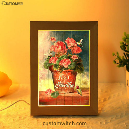 Just Breathe Flowerpot Hummingbird Frame Lamp Art - Bible Verse Wooden Lamp - Inspirational Art - Christian Home Decor