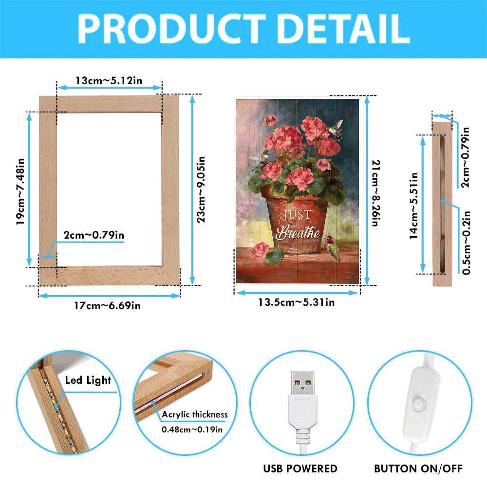 Just Breathe Flowerpot Hummingbird Frame Lamp Art - Bible Verse Wooden Lamp - Inspirational Art - Christian Home Decor