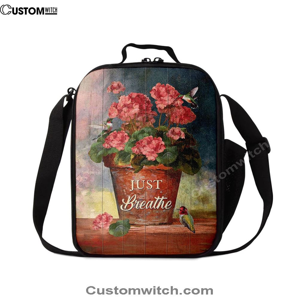 Just Breathe Flowerpot Hummingbird Lunch Bag, Christian Lunch Box For School, Picnic