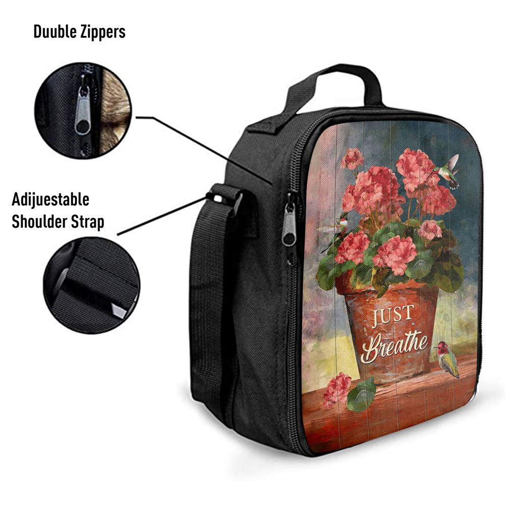 Just Breathe Flowerpot Hummingbird Lunch Bag, Christian Lunch Box For School, Picnic