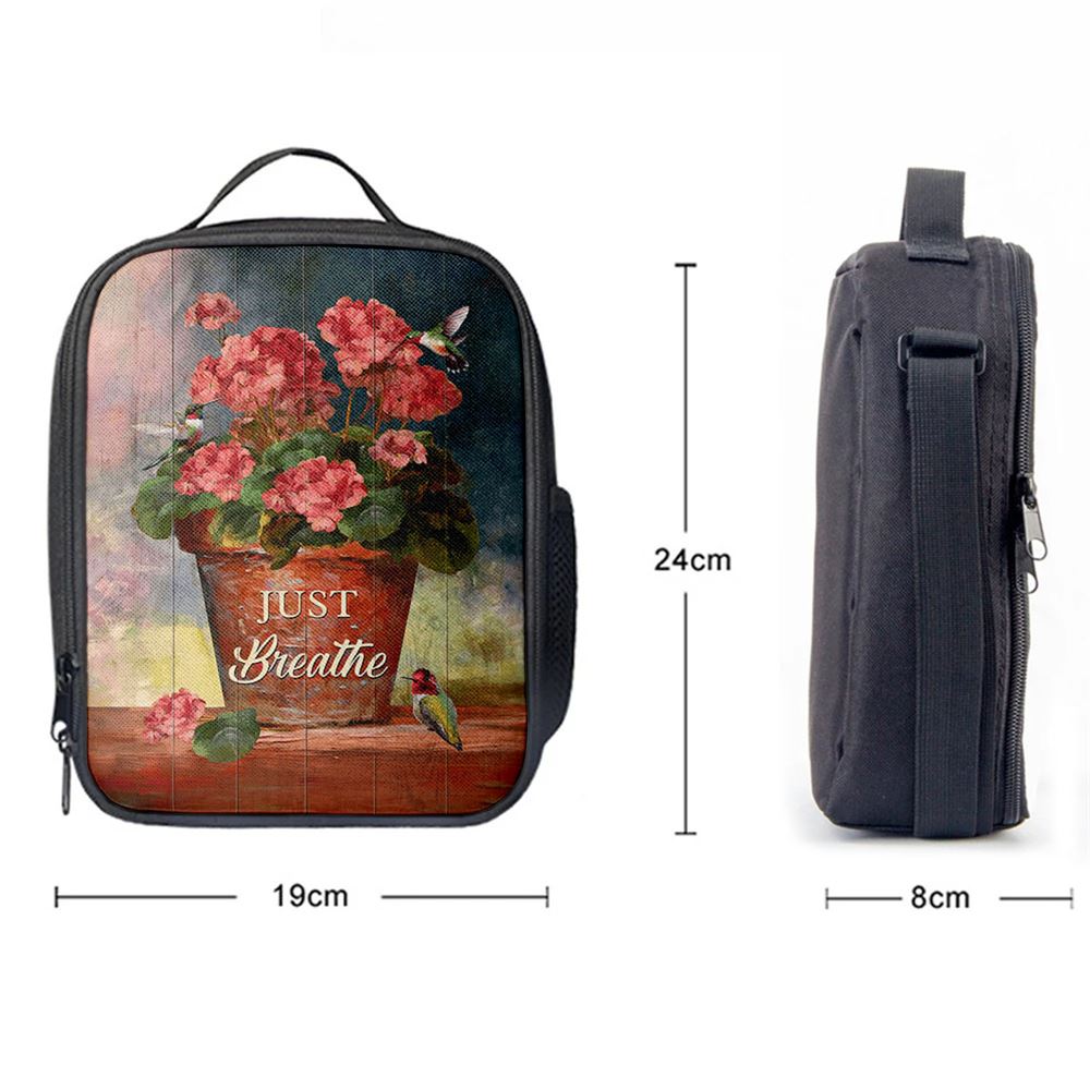 Just Breathe Flowerpot Hummingbird Lunch Bag, Christian Lunch Box For School, Picnic