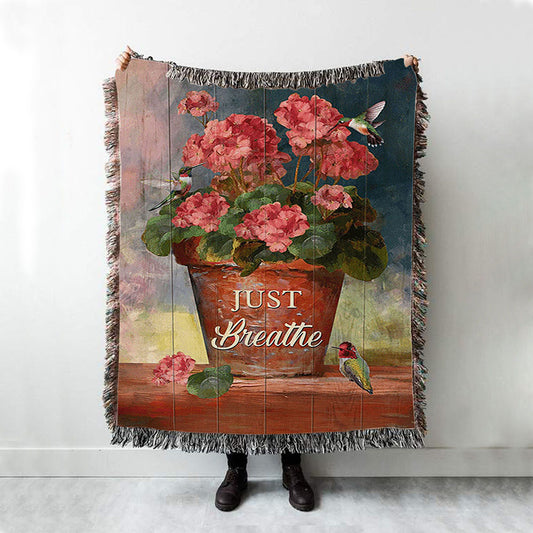 Just Breathe Flowerpot Hummingbird Woven Throw Blanket - Bible Verse Woven Blanket Art - Inspirational Art - Christian Home Decor