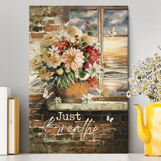 Just Breathe Flowers White Peony Ocean View Canvas Wall Art - Bible Verse Canvas Art - Inspirational Art - Christian Home Decor