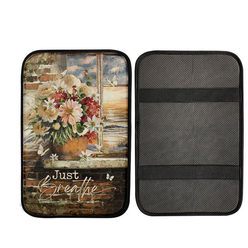 Just Breathe Flowers White Peony Ocean View Car Center Console Cover, Christian Car Armrest Accessories