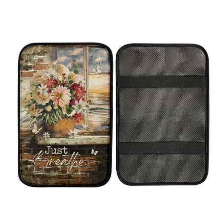 Just Breathe Flowers White Peony Ocean View Car Center Console Cover, Christian Car Armrest Accessories