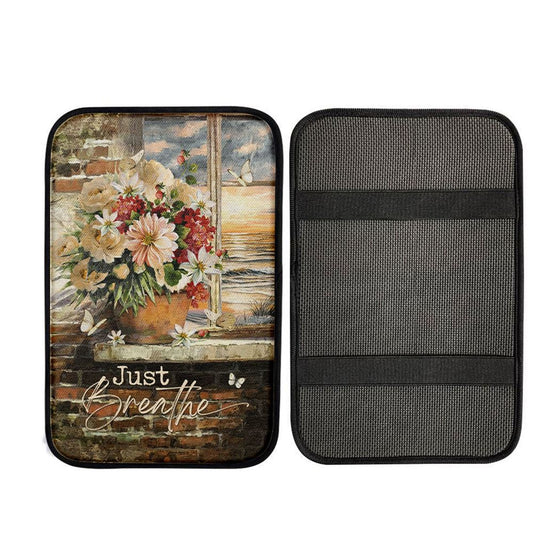Just Breathe Flowers White Peony Ocean View Car Center Console Cover, Christian Car Armrest Accessories