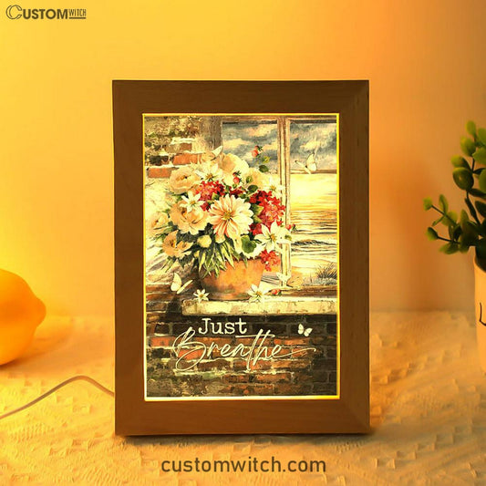 Just Breathe Flowers White Peony Ocean View Frame Lamp Art - Bible Verse Wooden Lamp - Inspirational Art - Christian Home Decor