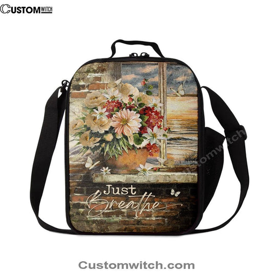 Just Breathe Flowers White Peony Ocean View Lunch Bag, Christian Lunch Box For School, Picnic