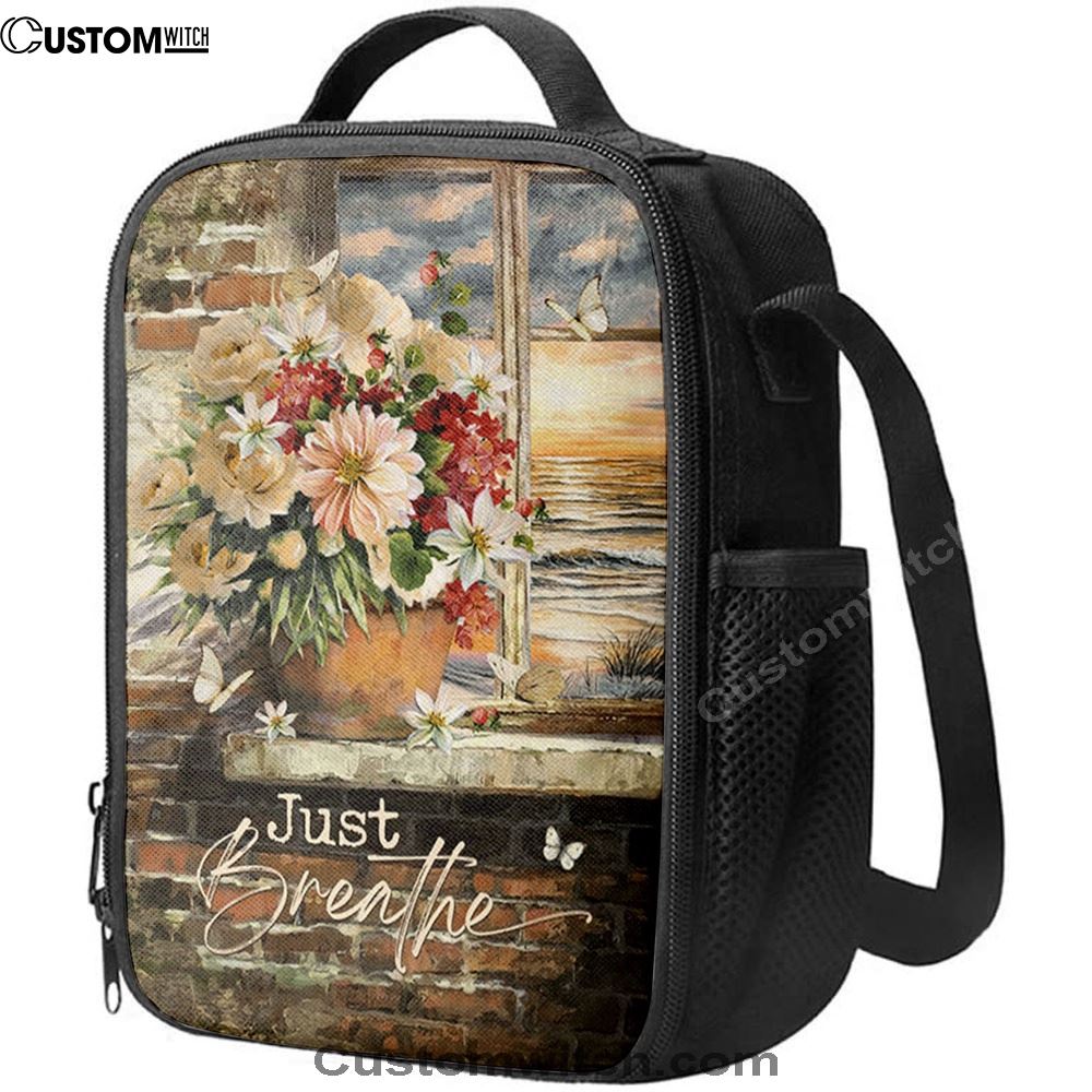Just Breathe Flowers White Peony Ocean View Lunch Bag, Christian Lunch Box For School, Picnic