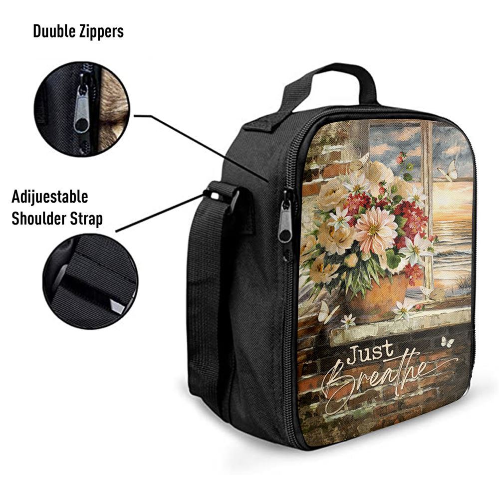 Just Breathe Flowers White Peony Ocean View Lunch Bag, Christian Lunch Box For School, Picnic
