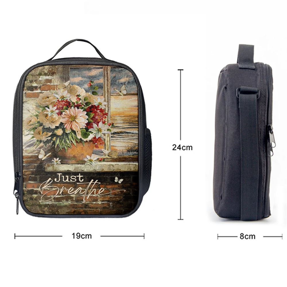 Just Breathe Flowers White Peony Ocean View Lunch Bag, Christian Lunch Box For School, Picnic