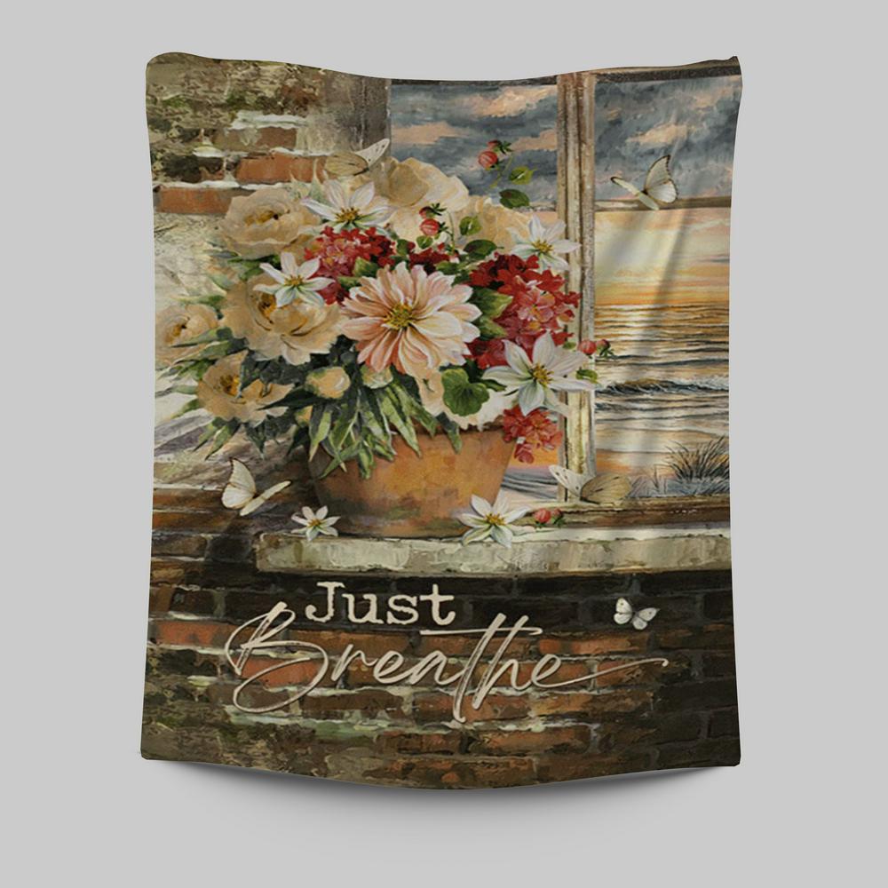 Just Breathe Flowers White Peony Ocean View Tapestry Wall Art - Bible Verse Tapestry Art - Inspirational Art -  Christian Indoor Wall Tapestries