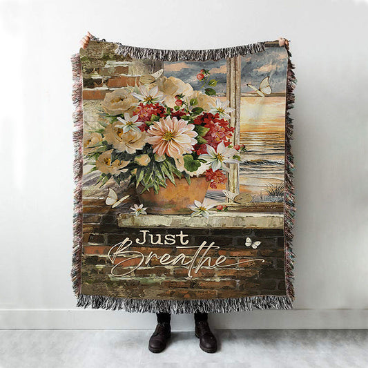 Just Breathe Flowers White Peony Ocean View Woven Throw Blanket - Bible Verse Woven Blanket Art - Inspirational Art - Christian Home Decor