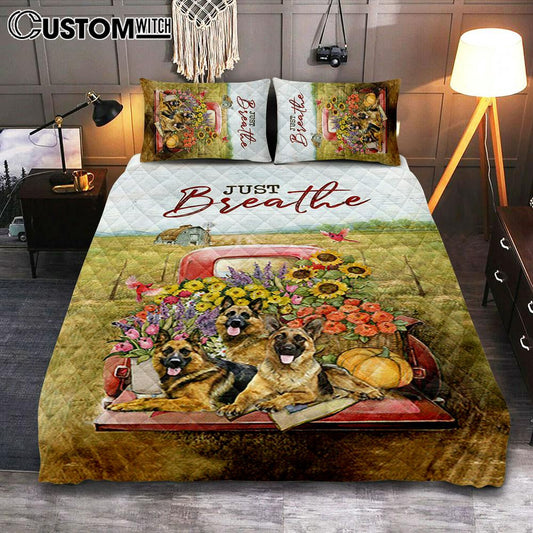 Just Breathe German Shepherd Dog Quilt Bedding Set Bedroom - Bible Verse Quilt Bedding Set Art - Christian Home Decor